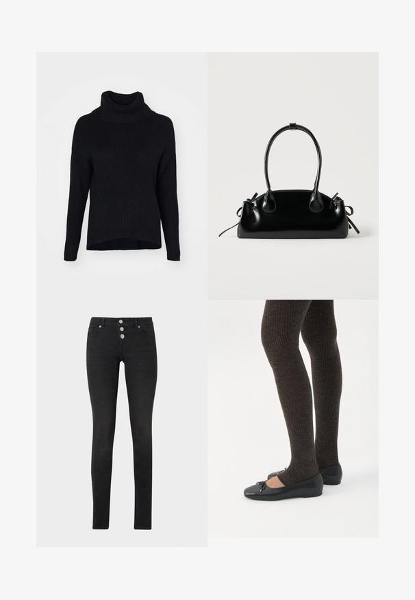 ONLY ONLKATIA SADDLE ROLL NECK - Πουλόβερ - black; Μαύρο στενό τζιν από τζιν ύφασμα, με ψηλή μέση και κλείσιμο με τρία ασημί κουμπιά, καθώς και κλασικό σχέδιο με πέντε τσέπες.; Πόδια με σκουρόχρωμα ριμπ κολάν συνδυασμένα με μαύρα μπαλαρίνα παπούτσια με μικρές λεπτομέρειες φιόγκων σε λευκό φόντο.; Μικρή μαύρη γυαλιστερή τσάντα με δύο μακριές λαβές και λεπτομέρειες με ρυθμιζόμενο κορδόνι στο πλάι σε απλό ανοιχτό φόντο.