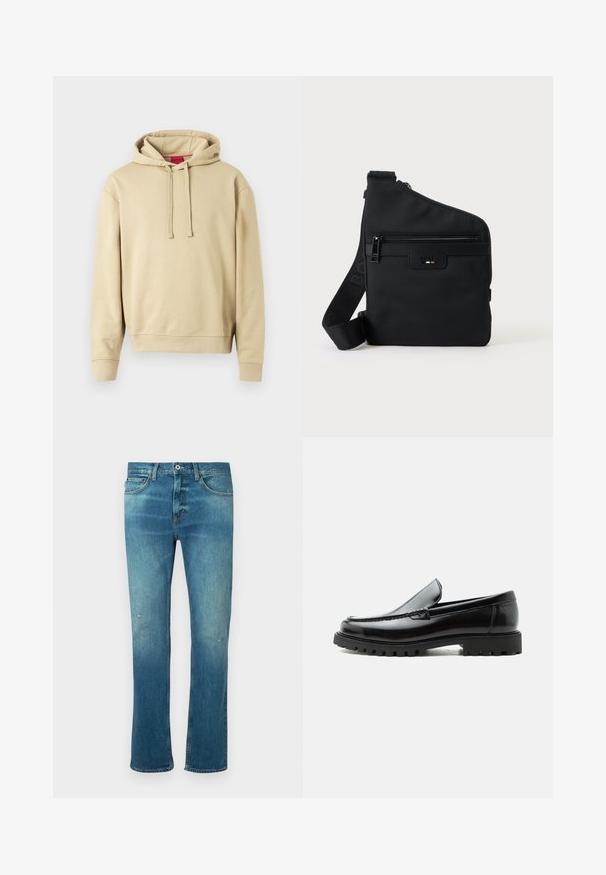 Sweat-shirt à capuche beige avec cordons de serrage et poignets côtelés, présentant un petit logo sur la poitrine et une étiquette rouge à l'intérieur du col.; Jean en denim bleu avec une coupe droite, présentant une finition délavée, des distresses légères au niveau des genoux et un design classique à cinq poches.; Mocassin en cuir noir avec semelle en caoutchouc épaisse, dessus cousu et nom de marque embossé sur le talon, présenté de profil sur fond blanc.; Sac bandoulière noir compact en tissu texturé, poche zippée à l'avant, avec une sangle et un logo de marque sur le panneau avant.