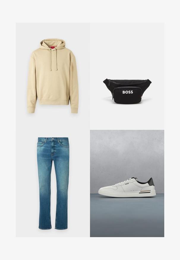 Beige Kapuzenpullover mit Kordelzügen und gerippten Bündchen, mit einem kleinen Logo auf der Brust und einem roten Etikett im Kragen.; Blaue Jeans aus Denim mit geradem Schnitt, ausgestattet mit einem leichten Verwaschungseffekt, leichten Abnutzungen an den Knien und klassischem Fünf-Taschen-Design.; Weißer Sneaker mit niedrigem Schnitt und schwarzer Ferse, Schnürverschluss, dezenten Perforationen und "BOSS"-Logo an der Seite, gezeigt von der äußeren Seitenansicht.; Schwarze Stoff-Gürteltasche mit einem vorderen Reißverschlussfach, großem Hauptfach und weißem "BOSS"-Logo auf der Vorderseite. Glatte Textur, strukturierte Form.