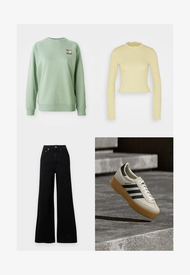 Grüne Sweatshirt mit Rundhalsausschnitt, gerippten Bündchen und Saum. Besitzt ein kleines florales Grafikdesign im oberen linken Brustbereich. Gleiche Textur.; Even&Odd Langarmshirt - green; Schwarze Jeans mit weitem Bein, gefertigt aus Denim, mit hoher Taille, fünf Taschen, vorderer Knopfverschluss und minimalen Nahtdetails.; Beige Wildleder-Sneaker mit schwarzen Streifen, weißen Schnürsenkeln und einer Gummisohle in Karamellfarbe. Mit "SPEZIAL" Schriftzug an der Seite.