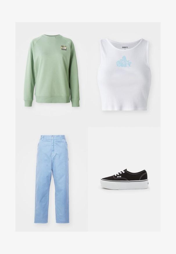 Grøn trøje med rund hals, ribbede manchetter og kant. Har et lille blomstermotiv på den øverste venstre brystområde. Glat tekstur.; Hvid ribbet crop top med rund halsudskæring og et lyseblåt "OBEY" logo centreret på brystet. Glat tekstur og tætsiddende design.; Lyseblå denimbukser med lige ben-design, knaplukning og forlommer. Stof har en subtil tekstur med en glat finish.; Sort lærred sneakers med en hvid gummi platform sål, der har hvide snørebånd og syninger, ikonisk branding på siden, lav-top design.