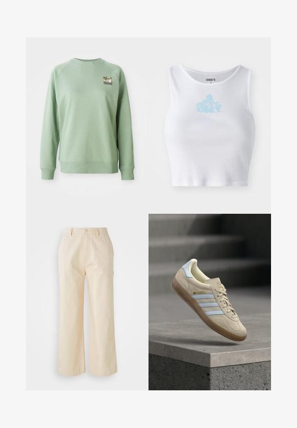Grüne Sweatshirt mit Rundhalsausschnitt, gerippten Bündchen und Saum. Besitzt ein kleines florales Grafikdesign im oberen linken Brustbereich. Gleiche Textur.; Weißes, geripptes Crop-Top mit Rundhalsausschnitt und einem hellblauen "OBEY"-Logo, das zentral auf der Brust platziert ist. Glatte Textur und taillierte Passform.; Helle beige, weit geschnittene Hose aus Baumwolle mit glatter Textur, ausgestattet mit einem Frontknopfverschluss und Seitentaschen.; Beiger Wildledersneaker mit hellblauen Streifen, ausgestattet mit einer Gummisohle, goldenem "Gazelle"-Logo und klassischem Schnürdesign auf einer grauen Oberfläche.