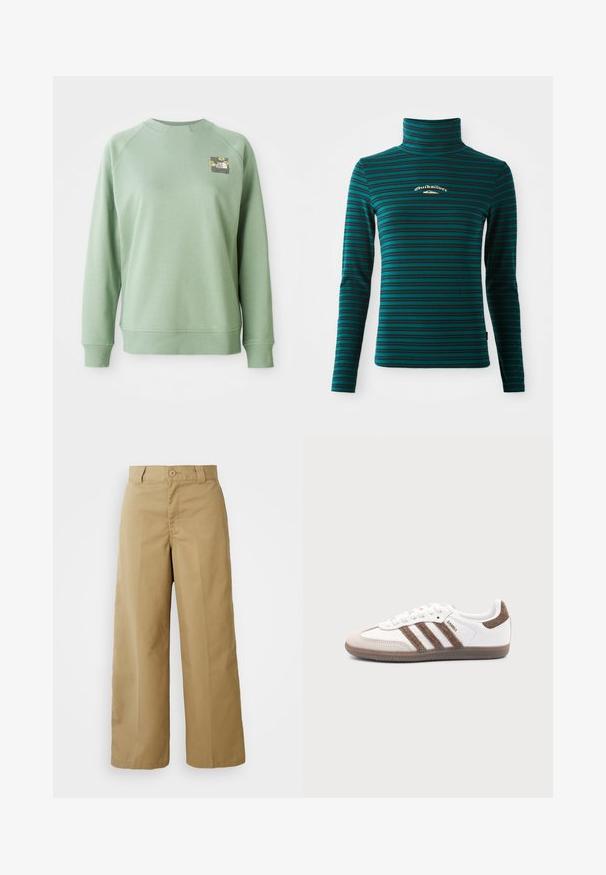 Grøn trøje med rund hals, ribbede manchetter og kant. Har et lille blomstermotiv på den øverste venstre brystområde. Glat tekstur.; Langærmet turtleneck top i teal med mørkeblå vandrette striber. Har et lille hvidt og guld logo på brystet. Blødt, strækbart stof.; Beige bredde bukser lavet af en blanding af bomuldsstof, med knaplukning, bæltestropper og forlommer.; Hvid Adidas Samba sneaker med brune ruskindstriber, brun gummisål og beige ruskindståhætte, vist fra ydersiden på en ensfarvet baggrund.