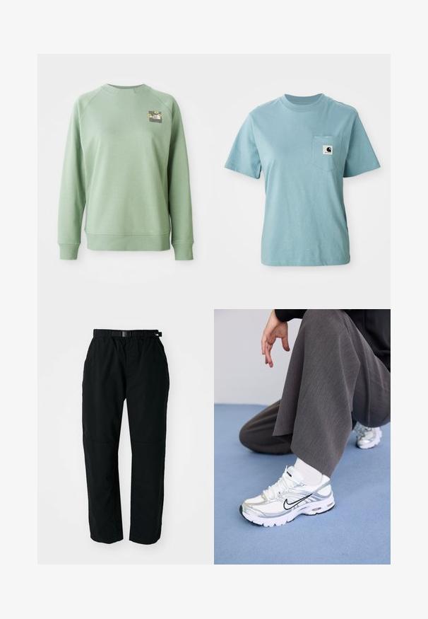 Grøn trøje med rund hals, ribbede manchetter og kant. Har et lille blomstermotiv på den øverste venstre brystområde. Glat tekstur.; Lyseblå kortærmet bomulds T-shirt med brystlomme og et lille sort-hvidt Carhartt logo patch.; Sorte letvægtsbukser med elastisk talje og justerbart bælte. Har tapered ben og forstærkede knæpaneler for holdbarhed.; Hvide og sølv atletik sko med meshej og syntetiske materialer, der har sorte accentlinjer, snørebånd og strukturerede såler.