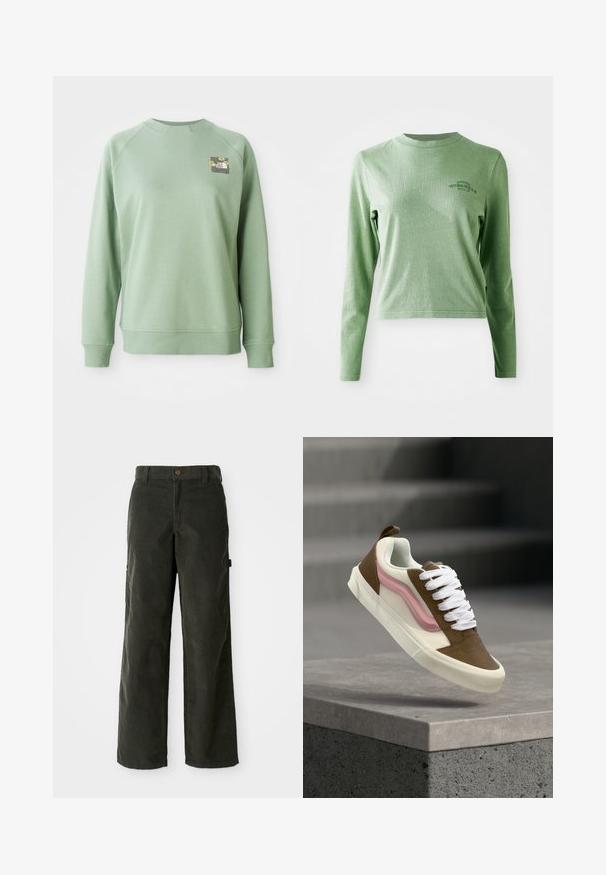 Grøn trøje med rund hals, ribbede manchetter og kant. Har et lille blomstermotiv på den øverste venstre brystområde. Glat tekstur.; Lys grøn langærmet t-shirt lavet af blødt bomuld, med en rund halsudskæring og et lille trykt logo på øverste venstre side.; Mørkegrønne kordfløjspants med løs pasform, lige ben, forlommer og knaplukning. Tekstureret stof med lodrette ribber.; Brun, hvid og pink sneaker med hvide snørebånd svævende over en grå stenkant, med slørede grå trin i baggrunden.