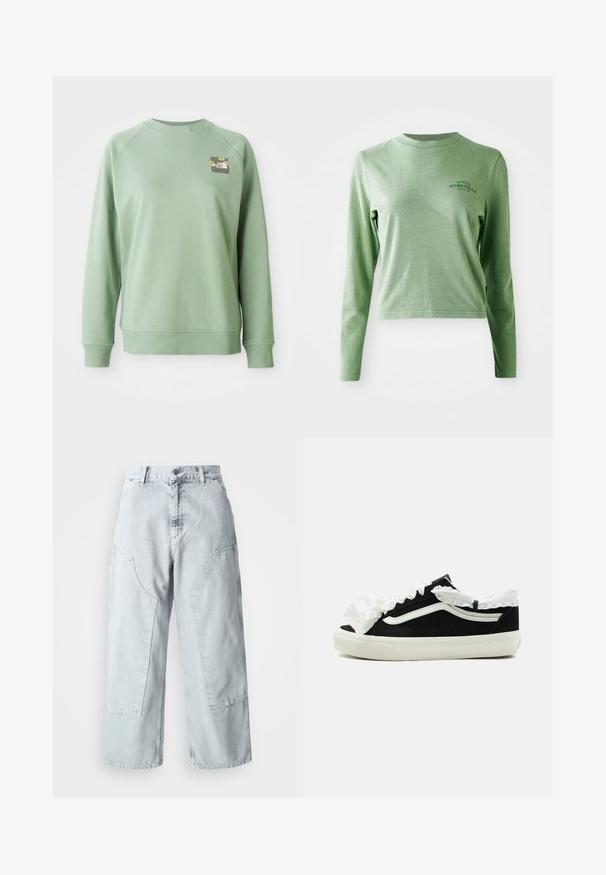 Grøn trøje med rund hals, ribbede manchetter og kant. Har et lille blomstermotiv på den øverste venstre brystområde. Glat tekstur.; Lys grøn langærmet t-shirt lavet af blødt bomuld, med en rund halsudskæring og et lille trykt logo på øverste venstre side.; Lys blå denim bred benbukser med store sidelommer, høj talje og løst fit. Slidte tekstur med en falmet finish.; Sort lavtop-sneaker med hvid sål, hvid stribe på siden og dekorativt hvidt flæset stof langs tungen og ankleranden.