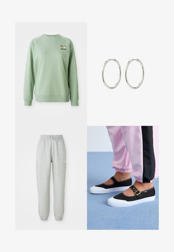 Grøn trøje med rund hals, ribbede manchetter og kant. Har et lille blomstermotiv på den øverste venstre brystområde. Glat tekstur.; Grå sweatpants med elastisk talje og snøre. Stoffet er blødt, og de har elastiske manchetter ved anklerne samt et logoaccent.; Sorte lærredssko med en hvid sål, der har et udskæringsdesign og et guldspænde. Bæret med lyserøde træningsbukser.; Sølvøreringe med en glat, poleret overflade. Rund form, letvægtsdesign med en sikker låsemekanisme.