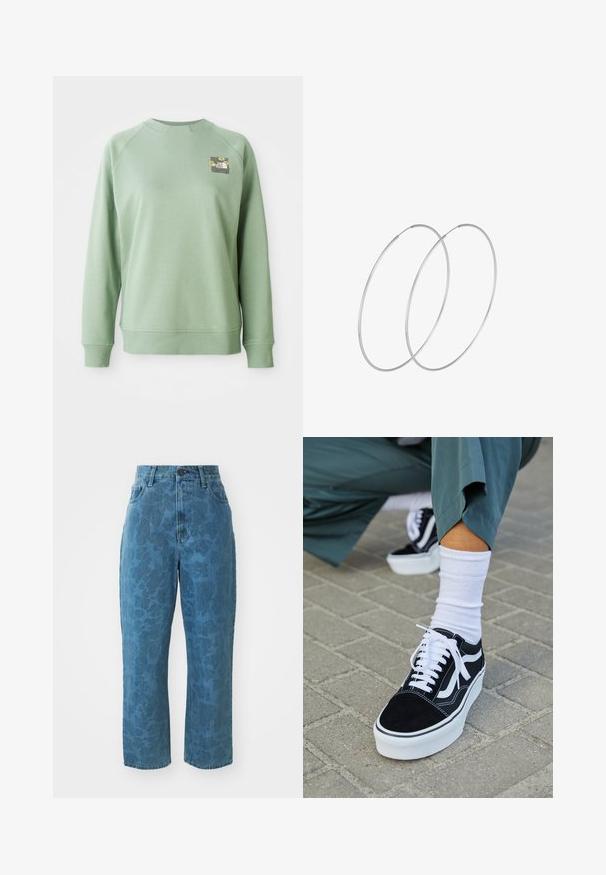 Grøn trøje med rund hals, ribbede manchetter og kant. Har et lille blomstermotiv på den øverste venstre brystområde. Glat tekstur.; Lyseblå denim jeans med en subtil mønstret struktur, høj talje og lige ben. Har en frontlukning med knap og lynlås.; Sorte ruskinds sneakers med hvide accenter og snørebånd, der har en tyk hvid sål og kontrasterende syninger, parret med en hvid sok.; Sølvøreringe med et minimalistisk design. Cirkulær form, glat tekstur og tynd profil. Letvægtige med en poleret overflade.
