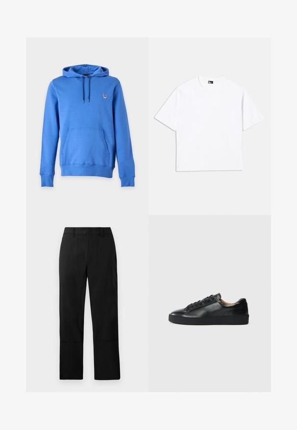 Sweat à capuche bleu manches longues avec poche avant, capuche à cordon et petit logo zèbre sur la poitrine gauche.; T-shirt blanc à manches courtes en coton. Présente un col rond classique, une coupe décontractée et aucun motif ni graphique visible.; Pantalons noirs en tissu lisse, avec un devant plat, deux poches avant et une coupe droite agrémentée de détails de couture discrets.; Baskets en cuir noir avec une texture lisse, bout rond et fermeture à lacets. Comprend une semelle en caoutchouc épaisse et un minimum de détails de marque.