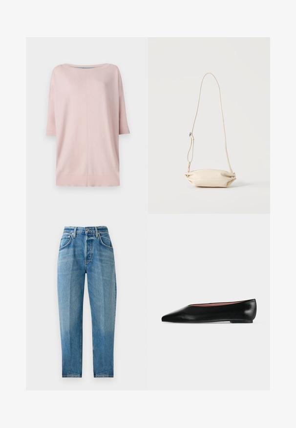 Diane von Furstenberg DIANE SWEATER - Pullover - pink/light blue; Jean en denim bleu clair, coupe droite, design à cinq poches, délavage, fermeture éclair avec bouton, et détails de couture visibles.; Chaussure plate en cuir noir pour femme, avec bout pointu et petit talon, vue de côté sur un fond gris clair uni.; Petit sac bandoulière en cuir beige avec sangle ajustable, présenté sur un fond clair uni.
