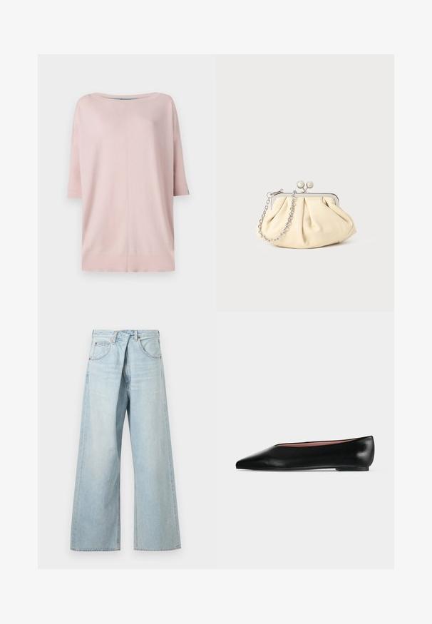 Diane von Furstenberg DIANE SWEATER - Pullover - pink/light blue; Jean denim bleu clair à jambes larges avec passants de ceinture et poches avant, présenté de face sur un fond uni.; Chaussure plate en cuir noir pour femme, avec bout pointu et petit talon, vue de côté sur un fond gris clair uni.; Pochette en cuir beige plissé avec un cadre en métal argenté, dotée de deux fermoirs ronds décoratifs et d'une chaîne en argent.