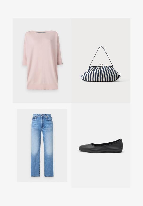 Diane von Furstenberg DIANE SWEATER - Jersey de punto - pink/light blue; Vaqueros de mezclilla azul de tiro alto y pierna recta, con bolsillos frontales, trabillas para cinturón, botón y detalles desteñidos en los muslos y rodillas.; Bailarina de piel negra con punta redondeada, textura suave, detalle de costura minimalista y diseño de suela flexible.; Bolso de tela con rayas verticales en azul marino y blanco, cierre plateado y correa delgada para el hombro sobre fondo claro.