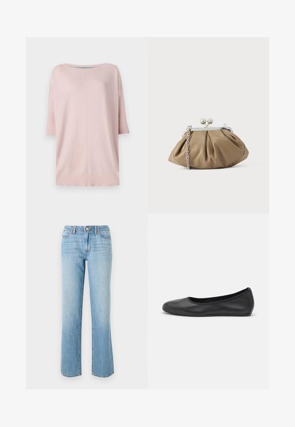 Diane von Furstenberg DIANE SWEATER - Neule - pink/light blue; RE/DONE THE SANASA - Relaxed fit -farkut - media noche; Musta nahkainen ballerina, jossa on pyöristetty kärki, sileä pinta, minimaalinen ommelkoristelu ja joustava pohjamuotoilu.; Pehmeäbeige nahkainen clutch-laukku pyöreällä muodolla, laskostetulla tekstuurilla, hopeisella kissalukolla ja irrotettavalla ketjuhihnalla.