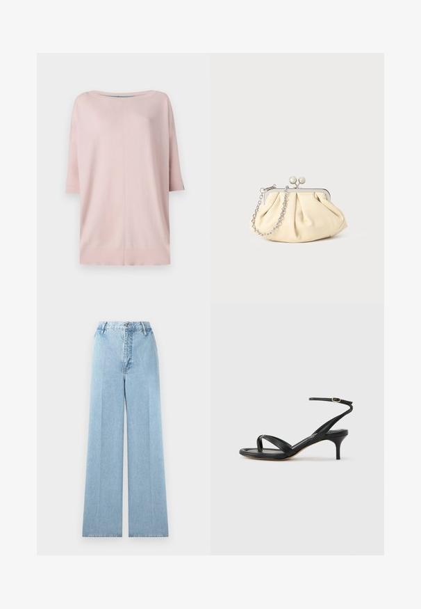 Diane von Furstenberg DIANE SWEATER - Džemper - pink/light blue; Heledad helesinine teksapüksid, kõrge vöökohaga, millel on viis vööaasat, esine nööp kinnitusega ja õmblustõmblused.; Mustast nahast naiste sandaal õhukeste rihmadega, varbaringi, pahkluu pandlaga ja keskmise kõrgusega kitsekontsaga neutraalsel taustal.; Kortsus beežist nahast kotike, millel on hõbedane metallraam, kaunistatud kahe ümmarguse dekoratiivse lukuga ja hõbedase ketispideme.