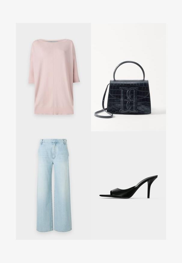 Diane von Furstenberg DIANE SWEATER - Pullover - pink/light blue; Jeans large en denim bleu clair. Caractéristiques : taille haute, design à cinq poches et décoloration subtile avec un ourlet propre.; Mule à talon haut en cuir noir à bout ouvert avec un talon stiletto fin, vue de profil sur un fond uni.; Sac à main en cuir noir embossé en crocodile avec un design structuré, une poignée supérieure, une bandoulière ajustable et un détail de logo en avant bien visible.