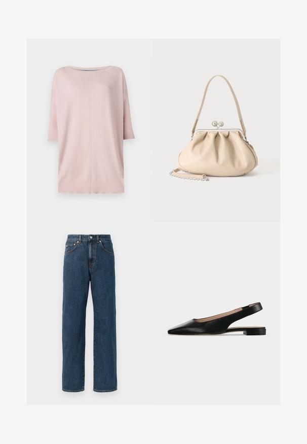 Diane von Furstenberg DIANE SWEATER - Džemper - pink/light blue; Tumedate sinised teksad, sirge lõikega. Omab viit taskut, peeneid õmblusdetailsid ja nööpidega kinnitust vöökohtadel.; Mustast nahast slingback madal konts ja terava varbaga king valgel taustal.; Beež pehme nahast käekott hõbedase metallraami klambriga, ühe õlarihma ja valikulise kettpaelaga valgel taustal.