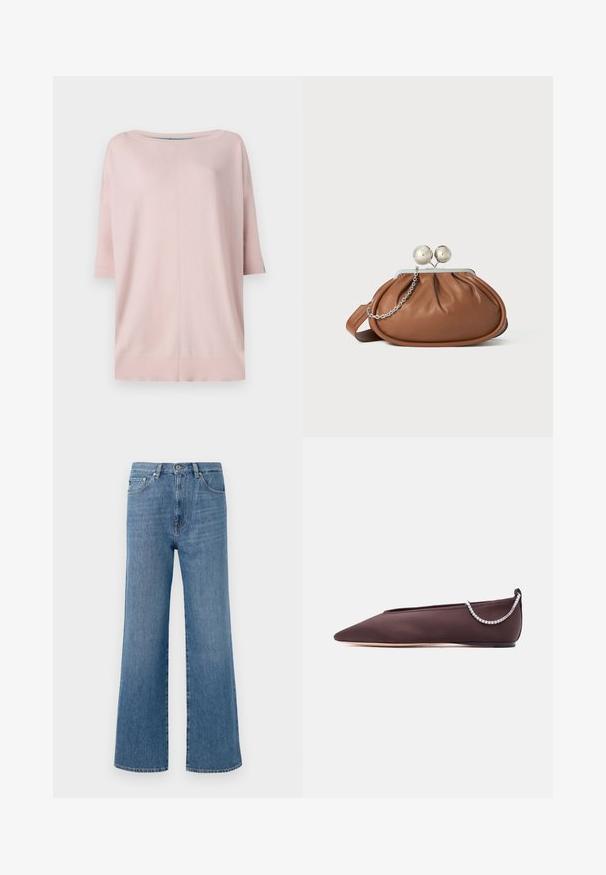 Diane von Furstenberg DIANE SWEATER - Neule - pink/light blue; Vaaleansiniset farkut, joissa on leveät lahkeet ja korkea vyötärö. Niissä on edessä nappikiinnitys, viisi taskua ja siisti lahkeensuu.; Tummanruskea, kärjestä suippokärkinen matala kenkä, jossa on matala korko ja hopeinen strassiketjusomiste takana.; Ruskolehti nahka käärimispuss, jossa on hopeinen pallo-osa ja pieni hopeaketjuvalinta valkoista taustaa vasten.