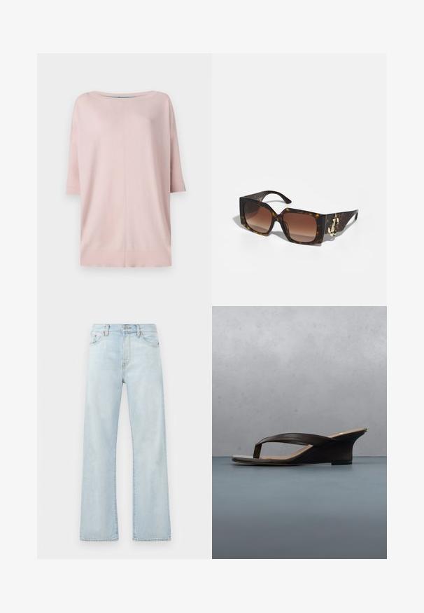 Diane von Furstenberg DIANE SWEATER - Trui - pink/light blue; Lichtblauwe denim jeans met een hoge taille, wijde pijpen en subtiele vervaging. Bevat klassieke vijf-vakken stijl en tonale stikselaccenten.; Zwarte sleehak sandaal met teenslippers op een houten plank en stenen grond buiten, nabij groene planten en een betonnen muur.; Vierkante zonnebril met een schildpadmotief montuur, bruin gradient lenzen en een gouden hardware accent aan de zijkant. Geleefde afwerking.