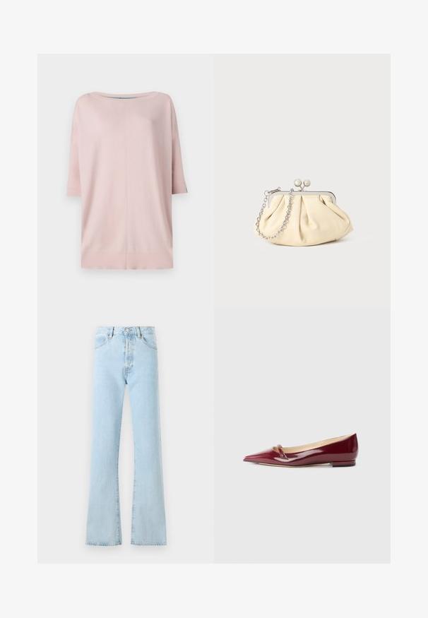 Diane von Furstenberg DIANE SWEATER - Pullover - pink/light blue; FRAME THE VERTICAL - Jean boyfriend - light blue; Ballerines en cuir verni bordeaux avec un bout pointu, présentant un petit détail découpé et un petit talon. Texture lisse et design épuré.; Pochette en cuir beige plissé avec un cadre en métal argenté, dotée de deux fermoirs ronds décoratifs et d'une chaîne en argent.