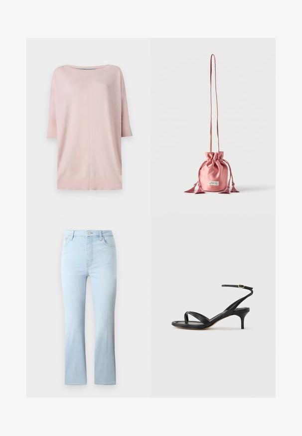 Diane von Furstenberg DIANE SWEATER - Pullover - pink/light blue; FRAME THE REBOOT CROP - Jean bootcut - light blue; Sandale pour femme en cuir noir avec fines lanières, une boucle d'orteil, une boucle à la cheville et un talon aiguille de hauteur moyenne sur un fond neutre.; Petit sac en satin rose avec cordon de serrage, longue sangle et détails à pampilles, debout sur un fond blanc uni.