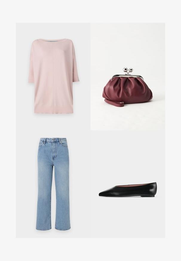 Diane von Furstenberg DIANE SWEATER - Svetrík - pink/light blue; Svetlomodré denimové nohavice s širokými nohavicami a vysokým pásom, dizajnom s piatimi vreckami a kontrastným prešívaním na okrajoch.; Čierna kožená dámska balerína s špicatou špičkou a nízkym opätkom, zobrazená z boku na jednoliatom svetlosivom pozadí.; Malá bordová kožená kabelka so strieborným kovovým zapínaním a remienkom na zápästie na bielom pozadí.