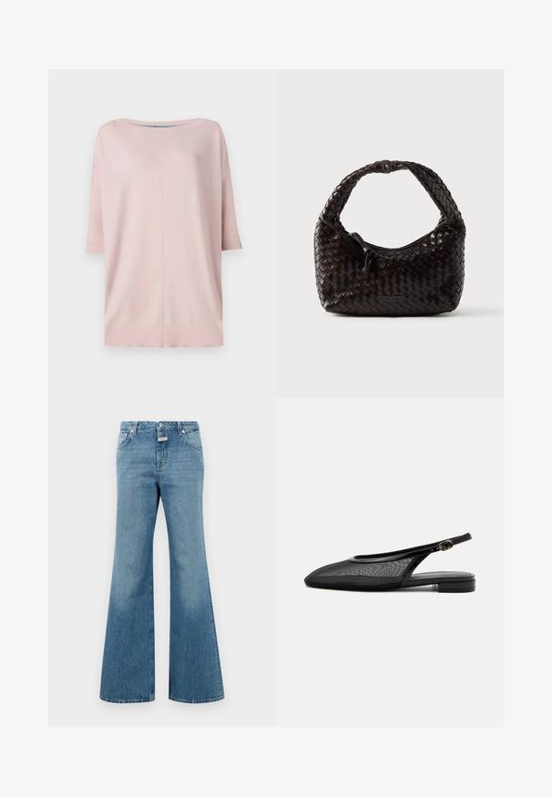 Diane von Furstenberg DIANE SWEATER - Džemper - pink/light blue; Heledad sinine denim pikkade säärega teksad, millel on keskmise kõrgusega vöökoht, esipocketid, üks nupp sulgemiseks ja peened kulumise üksikasjad.; Must slingback platvormkinga terava varbaosaga, võrkpealsega, reguleeritava pandlaga rihmaga ja madala pinu kontsaga valgel taustal.; Punutud nahast käekott tumedas pruunis, ümmarguse kujuga ja paksu punutud sangaga. Varustatud lukuga sulgemisega ja peene brändingu kõrval küljel.