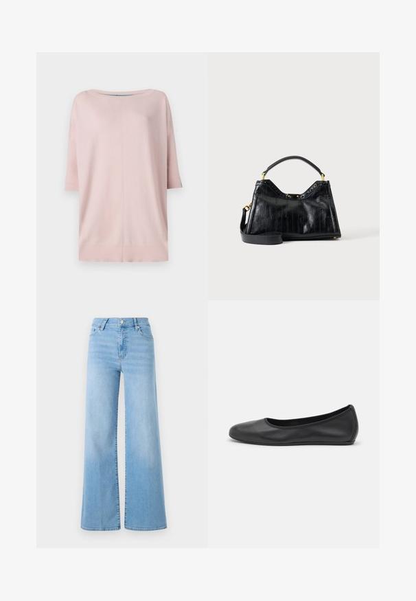 Diane von Furstenberg DIANE SWEATER - Svetrík - pink/light blue; FRAME PALAZZO - Zvonové džínsy - blue; Čierne kožené baleríny s okrúhlou špičkou, hladkým povrchom, minimálnym prešívaním a flexibilným dizajnom podrážky.; Čierna kožená kabelka s textúrovanými vertikálnymi líniami, krátkou rúčkou, odnímateľným dlhým remienkom a zlatými kovovými doplnkami na jednofarebnom pozadí.