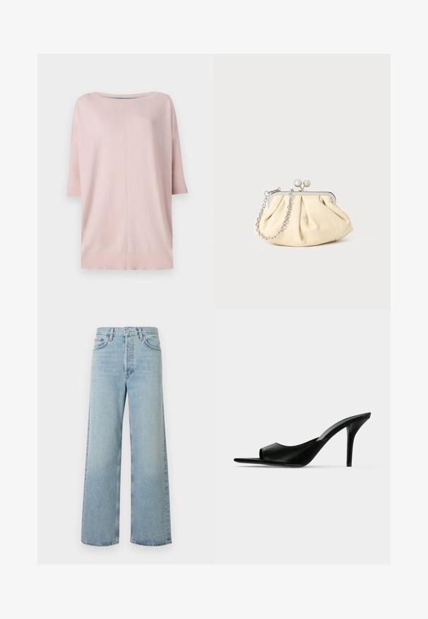 Diane von Furstenberg DIANE SWEATER - Džemper - pink/light blue; Helerohelised laia jalaga teksapüksid teksariidest, kõrge vöökohaga. Varustatud viie tasku, nööpidega sulguva eesosaga ning õrnalt pleekinud tekstuuriga.; Mustast nahast avatud varbaga kõrge kontsaga kõrge kontsaga kootud king, külgvaates tavalise taustaga.; Kortsus beežist nahast kotike, millel on hõbedane metallraam, kaunistatud kahe ümmarguse dekoratiivse lukuga ja hõbedase ketispideme.
