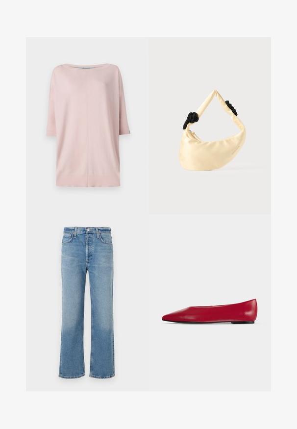 Diane von Furstenberg DIANE SWEATER - Džemper - pink/light blue; Heledad sinine teksapüksid otse lõikega, kõrge vöökohaga, viie taskuga ja klassikalise, veidi kulunud viimistlusega.; Punane nahast terava varbaga tasane king musta tallaga ja madala kontsaga, näidatud küljeprofiililt ühtlasel heledal taustal.; Kreemikas satiinist õlakott, millel on rihmal kaks musta punutud sõlme ja nähtav tõmblukuga sulgemine.