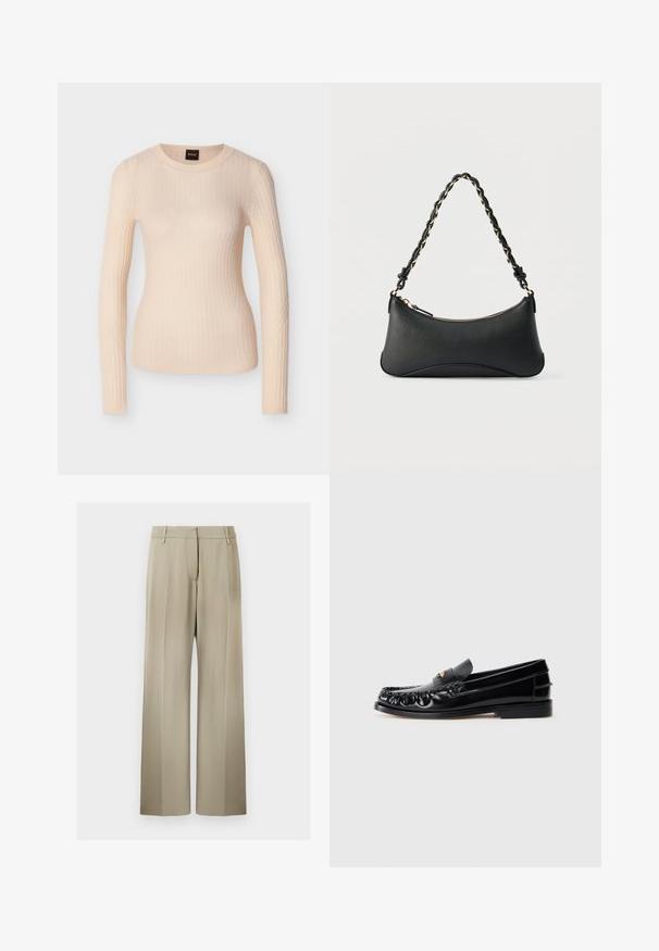 Pull beige en maille côtelée à manches longues avec col rond et silhouette ajustée, étiqueté avec une étiquette noire et orange "BOSS" au niveau du col.; Pantalons à jambes larges en tissu beige doux, avec un devant plat, des passants de ceinture et une texture lisse. Taille standard sans motifs visibles.; Mocassins en cuir noir avec un bout arrondi, des coutures décoratives et un petit accent doré sur le dessus. Semelle en caoutchouc plate, design épuré.; Sac à bandoulière en cuir noir de forme rectangulaire incurvée, avec une chaîne dorée tissée dans la bandoulière noire tressée et une fermeture éclair sur le dessus.