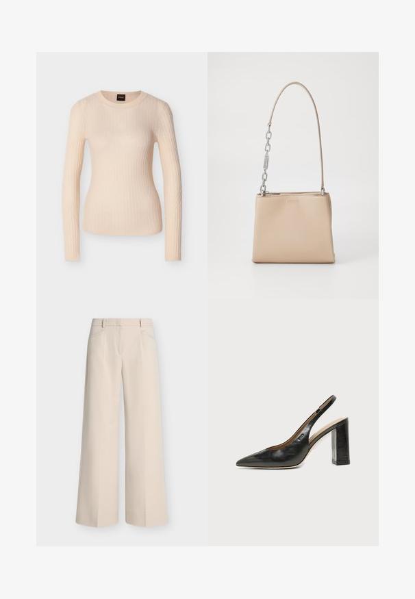 Pull beige en maille côtelée à manches longues avec col rond et silhouette ajustée, étiqueté avec une étiquette noire et orange "BOSS" au niveau du col.; Pantalon beige à jambes larges avec poches avant, passants de ceinture et devant plat, présenté sur un fond clair uni.; Chaussure slingback en cuir noir à bout pointu avec un talon bloc haut et une doublure intérieure beige sur un fond clair uni.; Sac à main en cuir beige au toucher lisse, avec une accent en chaîne argentée sur la poignée et une fermeture éclair. "HUGO" embouti à l'avant.