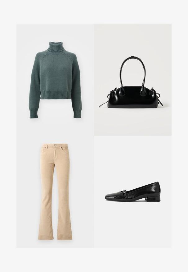 Pull en maille à col roulé en teal atténué. Caractéristiques : poignets et ourlet côtelés, design court et manches raglan avec des détails texturés.; Pantalons en velours côtelé beige évasés avec une finition texturée, deux poches avant, une fermeture éclair et un bouton en métal argenté.; Ballet flats en cuir verni noir avec un bout pointu, un petit talon carré et un détail de boucle métallique sur la sangle. Texture lisse.; Petit sac à main noir brillant avec deux longues anses et des détails à cordon sur les côtés sur un fond clair uni.