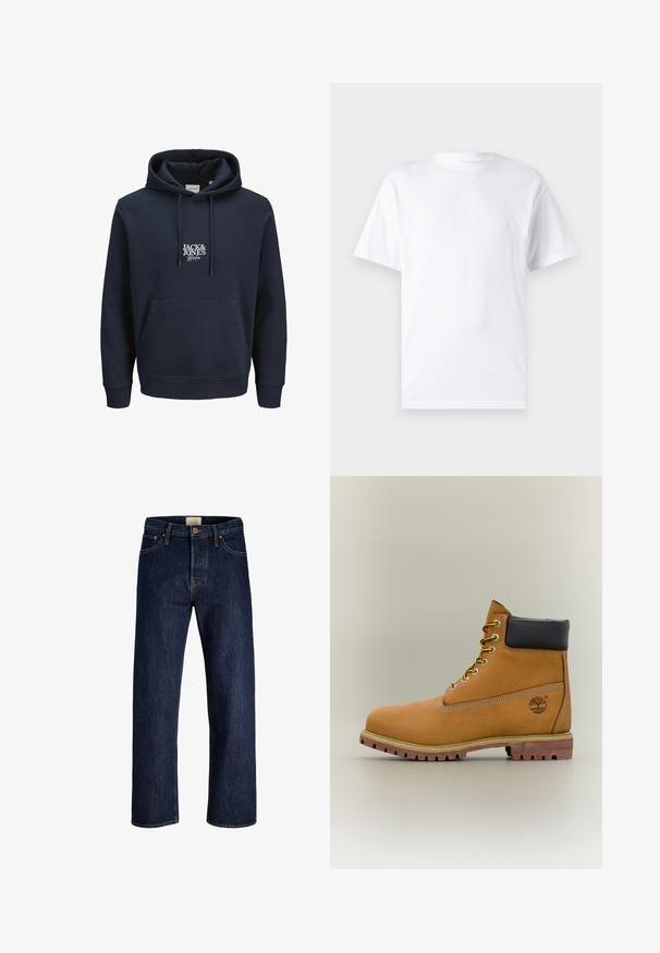 Hoodie bleu marine avec une capuche à cordon, poche kangourou à l'avant et logo brodé blanc "JACK & JONES" sur la poitrine. Matière douce.; T-shirt blanc à manches courtes en coton avec un col rond, présentant une texture lisse et un design simple, sans motifs ni accents.; Jeans en denim bleu foncé à jambes droites avec bouton frontal, fermeture éclair et design à cinq poches, présentés à plat sur un fond blanc.; Bottine en cuir marron avec col noir, lacets jaunes et semelle beige. Présente un logo et des détails de couture blanche. Semelle extérieure à traction robuste.