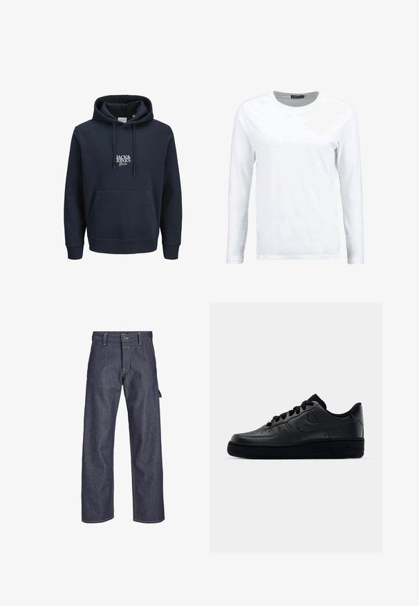 Hoodie bleu marine avec une capuche à cordon, poche kangourou à l'avant et logo brodé blanc "JACK & JONES" sur la poitrine. Matière douce.; T-shirt blanc à manches longues en coton, avec un col rond et une texture lisse. Sans motifs ni accents. Design simple.; Pantalon en denim bleu foncé, avec une coupe droite, une fermeture à bouton sur le devant, des coutures contrastantes et un détail de poche latérale.; Baskets Nike Air Force 1 noires avec un dessus en cuir lisse, bout perforé pour la respirabilité, lacets noirs et semelle en caoutchouc texturé.
