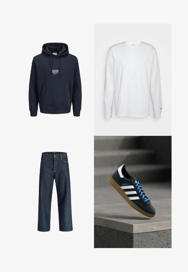 Hoodie bleu marine avec une capuche à cordon, poche kangourou à l'avant et logo brodé blanc "JACK & JONES" sur la poitrine. Matière douce.; T-shirt blanc à manches longues en coton. Design à col rond avec des poignets côtelés et un petit logo sur la manche gauche. Texture lisse.; Jean droit en denim bleu foncé avec poches avant, passants pour ceinture et fermeture par bouton, présenté sur un fond blanc.; Baskets Adidas noires avec des rayures blanches, des lacets bleus et une semelle en gomme flottant au-dessus d'une marche en béton grise sous une lumière douce.