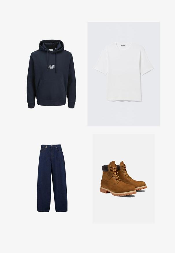 Hoodie bleu marine avec une capuche à cordon, poche kangourou à l'avant et logo brodé blanc "JACK & JONES" sur la poitrine. Matière douce.; T-shirt blanc uni à manches courtes et col rond, avec une petite étiquette "WEEKDAY" à l'intérieur du col arrière, présenté à plat.; Jean en denim bleu foncé à taille haute, coupe ample, avec poches avant et jambe droite. Comprend des éléments en métal argenté et des coutures minimales.; Bottines en daim marron avec un col rembourré noir, œillets dorés et semelle en caoutchouc épais avec un motif à crampons pour l'adhérence.