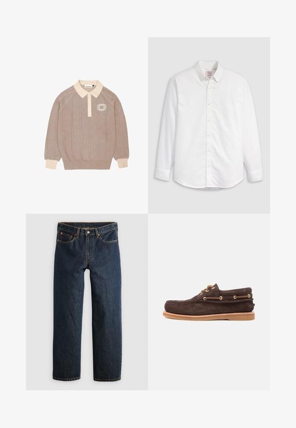 Beige strikket polo sweater med kabelstrik design, kontrasterende kremfarvet krave og manchetter, samt et broderet logo på venstre bryst.; Hvid skjorte med knapper, lavet af bomuld, med lange ærmer, krave og en buet kant. Har gule knapper og diskret branding.; Mørkeblå denimjeans med en lige ben-snit. Har fem lommer, kontrastsyning og knaplukning i taljen.; Brune ruskinds bådsko med læderlisser, guldfarvede øjer, syet moc toe og lysebrun gummisål på hvid baggrund.