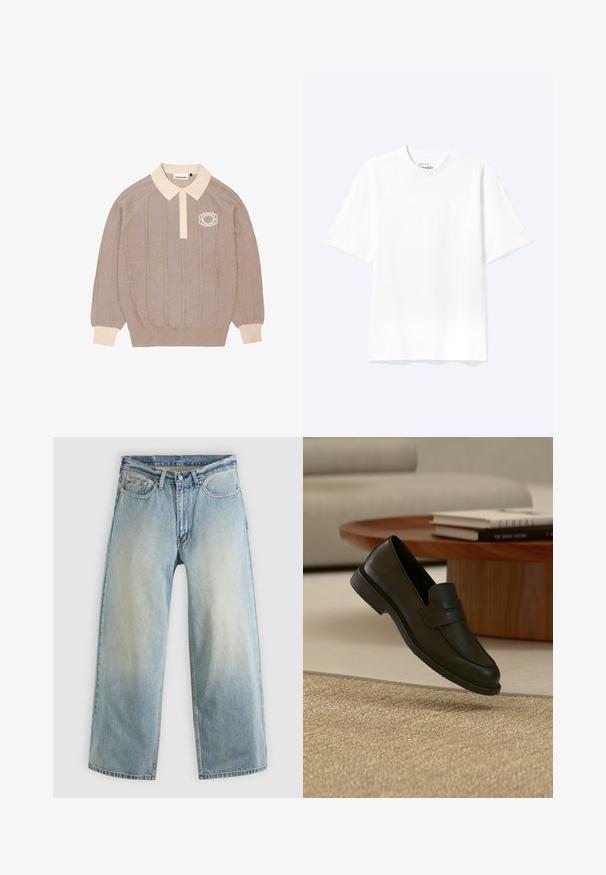 Beige strikket polo sweater med kabelstrik design, kontrasterende kremfarvet krave og manchetter, samt et broderet logo på venstre bryst.; Enkel hvid T-shirt med korte ærmer og rund hals med afslappet pasform, vist på en lys baggrund.; Lyseblå, vidbenede cowboybukser med en falmet finish. Har et standard fem-lomme-design og lukning med metal knap.; Sort læderloafer vist i luften over en beige vævet tæppe, med et træbord og stablede bøger i et blødt oplyst stue.