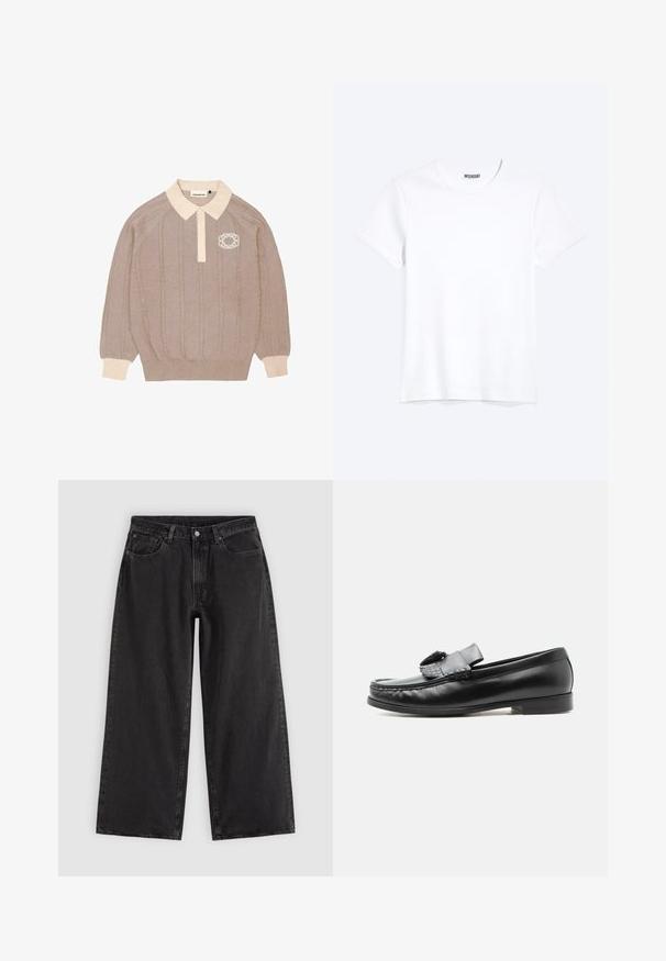 Beige strikket polo sweater med kabelstrik design, kontrasterende kremfarvet krave og manchetter, samt et broderet logo på venstre bryst.; Enkelt hvid T-shirt med korte ærmer og rund hals med synligt WEEKDAY-mærke i kraven, vist på en lys baggrund.; Sorte denim jeans med vide ben, forlommer, bæltestropper og knaplukning, vist på en ensfarvet lys baggrund.; Sort læderloafer med kvastdetalje, lav hæl og rundet tå, vist fra siden mod en ensartet lys baggrund.