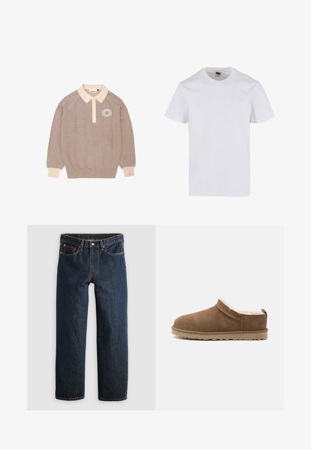 Beige strikket polo sweater med kabelstrik design, kontrasterende kremfarvet krave og manchetter, samt et broderet logo på venstre bryst.; Hvid bomulds t-shirt med rund halsudskæring, korte ærmer og en afslappet pasform. Glat tekstur uden synlige mønstre eller detaljer.; Mørkeblå denimjeans med en lige ben-snit. Har fem lommer, kontrastsyning og knaplukning i taljen.; Brun ruskind slip-on hjemmesko med beige sål og hvid fleecefor, designet til indendørs varme og komfort.