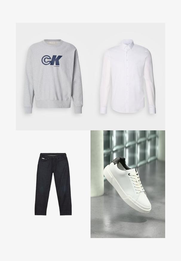 Grijze katoenen sweatshirt met ronde hals, voorzien van een groot marineblauw "CK"-logo en de tekst "Calvin Klein". Ribgebreide manchetten en zoom maken het ontwerp compleet.; Witte lange mouwen overhemd met knopen, gemaakt van katoen, voorzien van een klassieke kraag, voorkant met knopen en minimale stikdetails.; Donkerblauwe spijkerbroek met rechte pijpen, voorzien van vijf zakken en minimale stikseldetails voor een strakke uitstraling.; Witte lage sneaker met zwarte, gestructureerde hielkap, witte veters en dikke zool op een gepolijste betonnen vloer nabij glazen blokken.