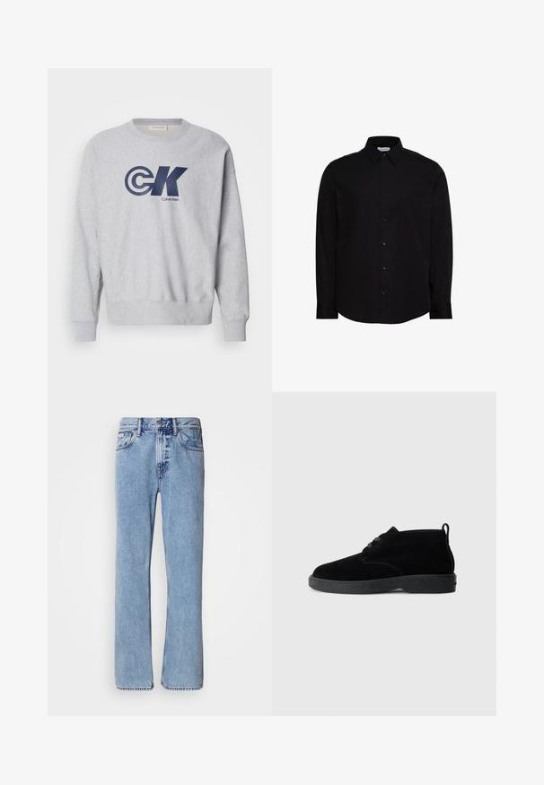Grå bomulds sweatshirt med rund hals featuring et stort marineblåt "CK" logo og "Calvin Klein" tekst. Ribbet manchetter og kant fuldender designet.; Sort langærmet skjorte med knapper, lavet af glat stof. Har en klassisk krave, frontknaplukning og et lille logo på brystet.; Lyseblå denimjeans med lige ben design, fem lommer og knaplukning. Syninger nær lommer og talje.; Sorte ruskindsankelstøvler med rund tå, snørebåndsdesign, sort gummisål og en sløjfe bag på for nem påtagning.