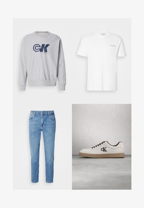 Grå bomulds sweatshirt med rund hals featuring et stort marineblåt "CK" logo og "Calvin Klein" tekst. Ribbet manchetter og kant fuldender designet.; Hvid bomulds T-shirt med korte ærmer og rund halsudskæring. Har et lille sort "Calvin Klein" logo på venstre bryst.; Lys blå denim jeans med lige snit, fem-lomme design og subtilt slid. Har knaplukning og bæltestropper.; Hvid sneakers med brune accenter, ruskindsmateriale, flade snørebånd og gummisål. Har en logo på siden og en glat tekstur.