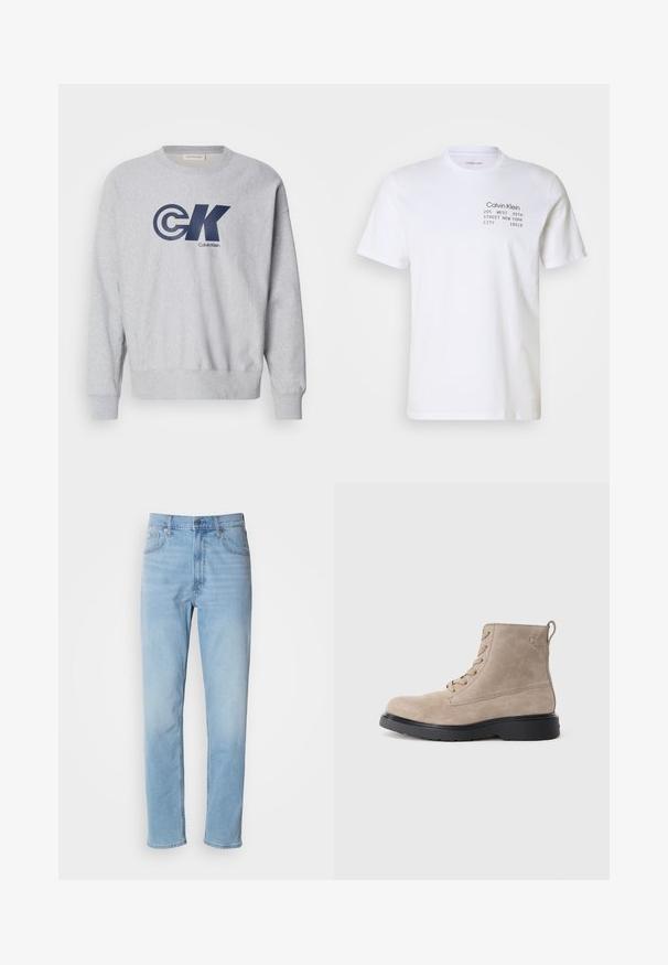 Grijze katoenen sweatshirt met ronde hals, voorzien van een groot marineblauw "CK"-logo en de tekst "Calvin Klein". Ribgebreide manchetten en zoom maken het ontwerp compleet.; Witte katoenen t-shirt met korte mouwen, een ronde hals en bedrukte tekst: "Calvin Klein 205 WEST 39TH STREET NEW YORK CITY 10018."; Lichtblauwe denim jeans met een rechte pasvorm, vijf zakken en riemlussen. De stof heeft een gladde textuur met een lichte vervaging.; Beige suède enkellaarsjes met zwarte rubberen zool, vetersluiting en een klein logo dat aan de zijkant is gedrukt, voorzien van een trekloop aan de achterkant.