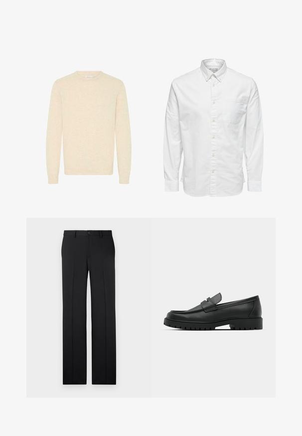 Lys beige sweater lavet af blødt strikstof, med rund halsudskæring og lange ærmer, samt ribbede manchetter og kant.; Hvid skjorte med lange ærmer, knapper, krave og brystlomme, med mærket "Selected Homme" på indersiden af kraven.; Sorte, skræddersyede bukser med lige ben, glat stof, pressefolder foran og en enkelt knaplukning i taljen.; Sorte læder loafers med rund tå, der har et syet design, lav platformssål og en struktureret, skridsikker gummisål.