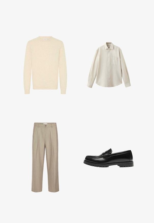 Lys beige sweater lavet af blødt strikstof, med rund halsudskæring og lange ærmer, samt ribbede manchetter og kant.; Langærmet beige skjorte med knapper, krave og brystlomme, vist fladt på en hvid baggrund.; Beige skræddersyede bukser med en afslappet pasform, plisseret front og knaplukning. Fremstillet af tekstureret stof med lige ben.; Sort læderloafer med en kraftig gummisål og klassiske penny-strap detaljer, vist fra ydersiden.