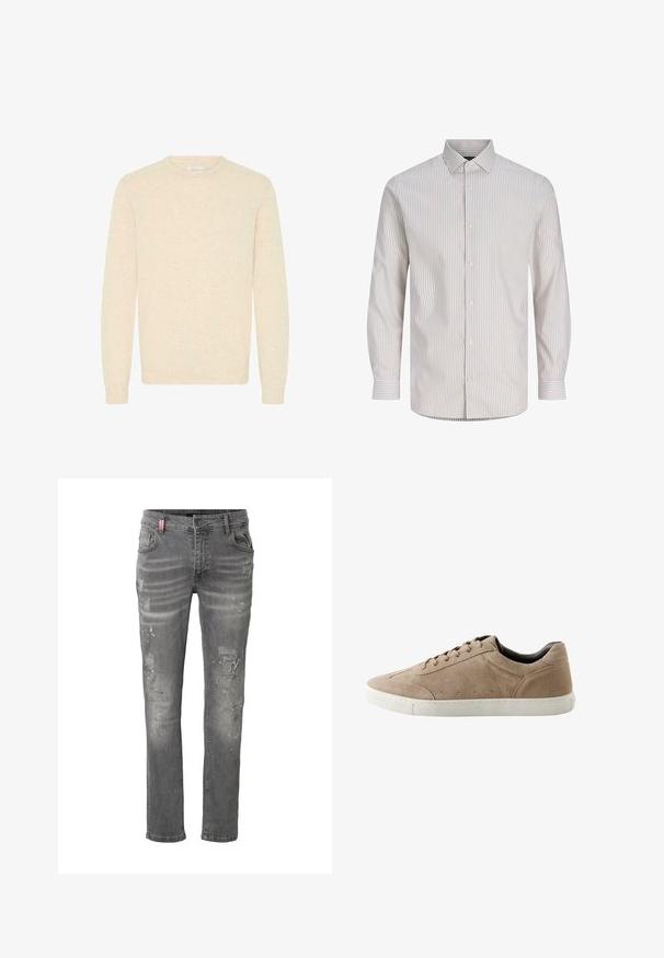 Suéter beige claro hecho de una suave tela de punto, con un escote redondo y mangas largas, y con puños y dobladillo acanalados.; Camisa de manga larga en beige claro con finas rayas verticales. Cuenta con cuello puntiagudo, cierre frontal de botones y puños estándar. Textura similar al algodón.; Vaqueros gris ajustados de hombre con detalles desgastados y salpicaduras de pintura, con cinco bolsillos y cierre de botón.; Zapatilla beige de ante baja con suela de goma blanca, cierre de cordones y detalles mínimos de costura.