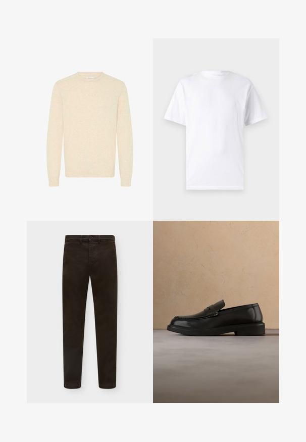 Suéter beige claro hecho de una suave tela de punto, con un escote redondo y mangas largas, y con puños y dobladillo acanalados.; Camiseta blanca de manga corta hecha de algodón con cuello redondo, que presenta una textura suave y un diseño simple sin patrones ni acentos.; Pantalones marrón oscuro de corte recto con cierre frontal de botón y cremallera, trabillas para cinturón y bolsillos laterales, mostrados extendidos sobre un fondo blanco.; Zapato mocasín de cuero negro flotando sobre una alfombra beige tejida, con una mesa redonda de madera y un sofá al fondo.