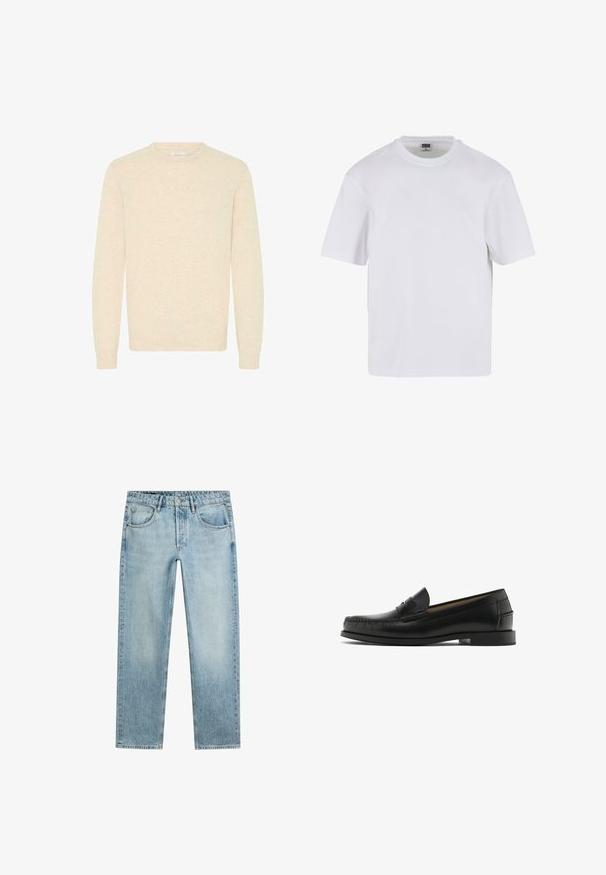 Lys beige sweater lavet af blødt strikstof, med rund halsudskæring og lange ærmer, samt ribbede manchetter og kant.; Hvid kortærmet t-shirt lavet af bomuld. Har en rund halsudskæring og en afslappet pasform. Glat tekstur, minimalistisk design, ingen mønstre eller accenter.; Lyseblå jeans med lige ben, knap- og lynlåslukning, fem lommer og et falmet, let slidt udseende. Ingen synligt mærke.; Sorte læderloafer med rundet tå, syningsdetaljer, glat tekstur og lav blokhæl. Ingen synlige udsmykninger eller mønstre.