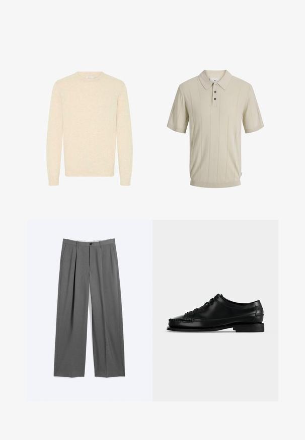 Suéter beige claro hecho de una suave tela de punto, con un escote redondo y mangas largas, y con puños y dobladillo acanalados.; Polo beige de manga corta con sutiles rayas verticales, tres botones oscuros y un cuello puntiagudo.; Pantalones formales grises con piernas rectas, pliegues delanteros, bolsillos laterales, trabillas para cinturón y cierre frontal con botón y cremallera.; Zapato de vestir negro de cuero con cordones, tacón bajo y costura moc toe, mostrado en perfil izquierdo sobre fondo liso.